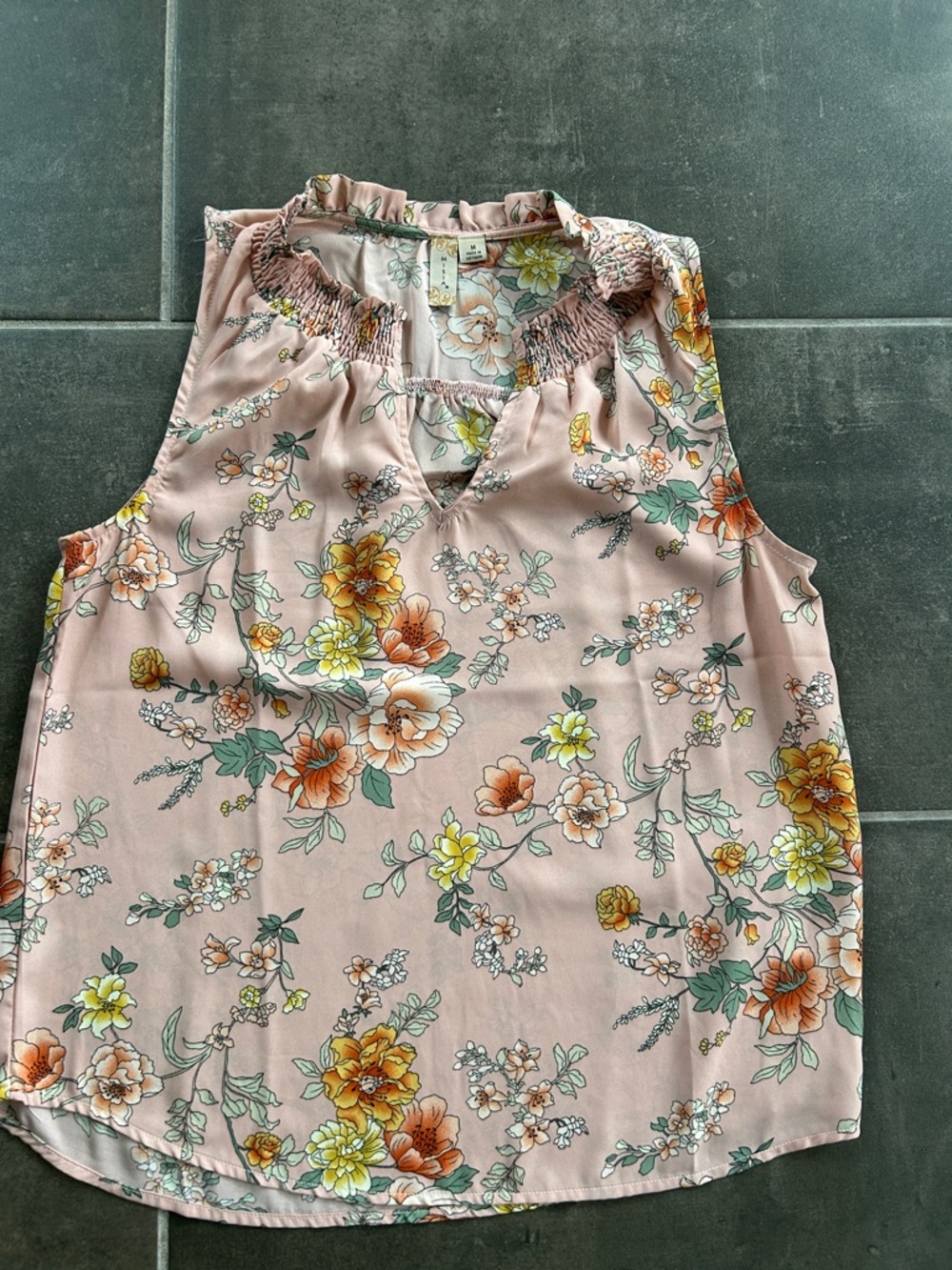 Misia Peach Floral Sleeveless Blouse with Ruffled Neckline